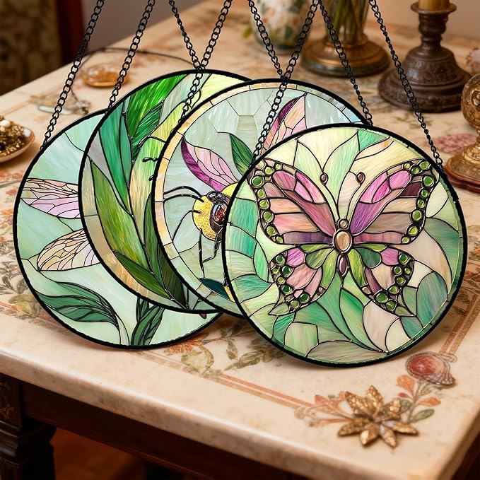 Stained Glass Window Hanging 4 Pcs Set Pink Green Insect Theme 6.3" - Butterfly Suncatcher Door Garden Sun Catcher Decor Birthday Christmas for Mom Woman Nana Men