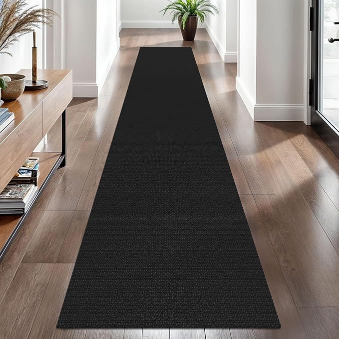 EARTHALL Woven Runner Rug 2x10 Ft Washable Runners for Hallways Long Cotton Non Slip Rubber Backed Kitchen Runner Braided Indoor Floor Carpet for Entryway, Hallway, Kitchen, Black/Grey