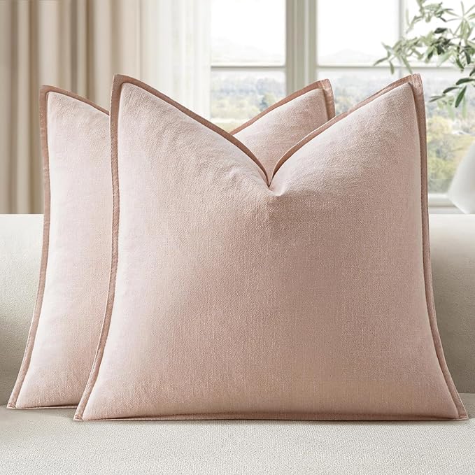 EMEMA Throw Pillow Covers Decorative Linen Pillow Covers 22x22 Inch Pink Boho Farmhouse Neutral Couch Throw Pillows for Bed Pack of 2 Accent Pillowcase Modern Sofa Cushion Livingroom Home