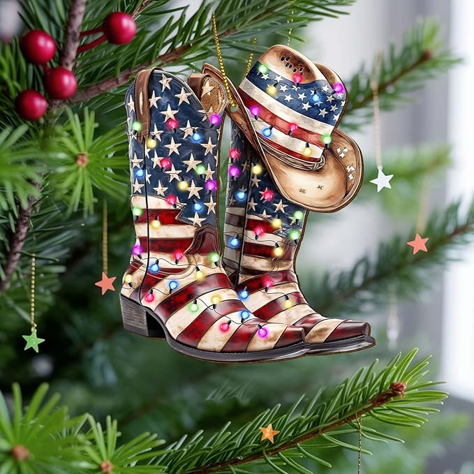 Cowboy Boot Christmas Tree Keepsake Ornaments, American Flag Themed 2 Side Printed Flat Wooden Ornament, Xmas Hanging Decor