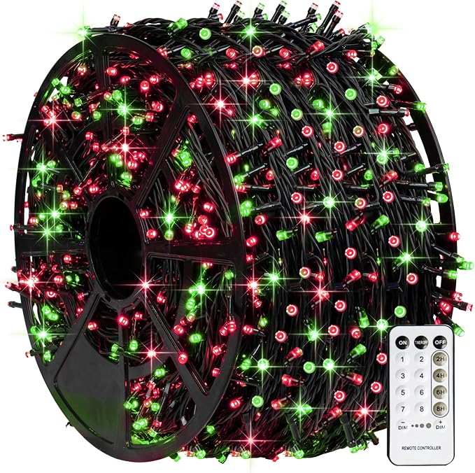 TW SHINE Red and Green Christmas Lights, 1000 LED 328FT Christmas Tree Lights Plug in with 8 Modes, Remote Waterproof Xmas String Lights Outdoor Indoor Decorations for House Yard Decor, ‎HB-500CO