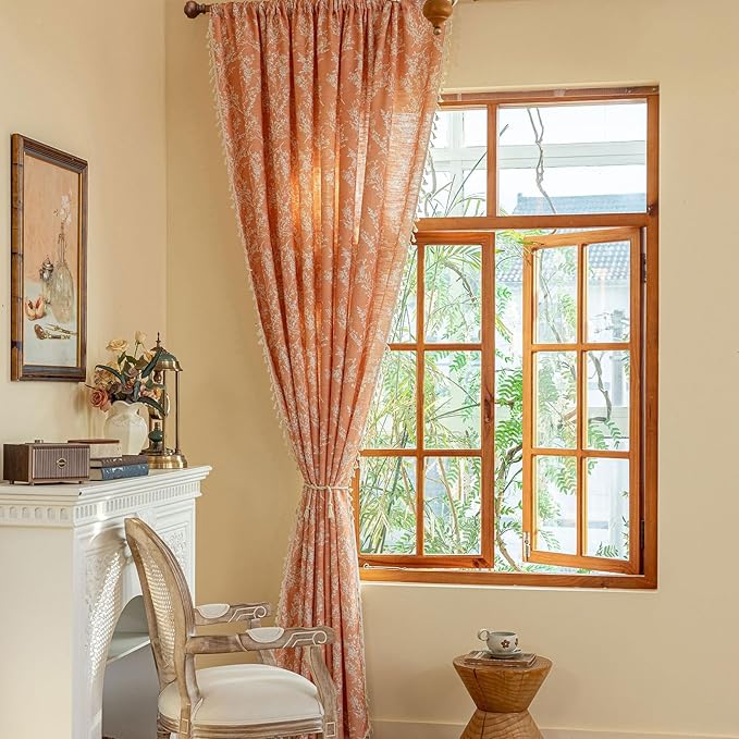 OYX Orange Curtains 96 Inch Length Boho Farmhouse Printed Floral Curtains for Bedroom 2 Panels, Burnt Semi Sheer Vintage Rustic Drapes for Living Room, Rod Pocket Tassel Decor Window Treatment