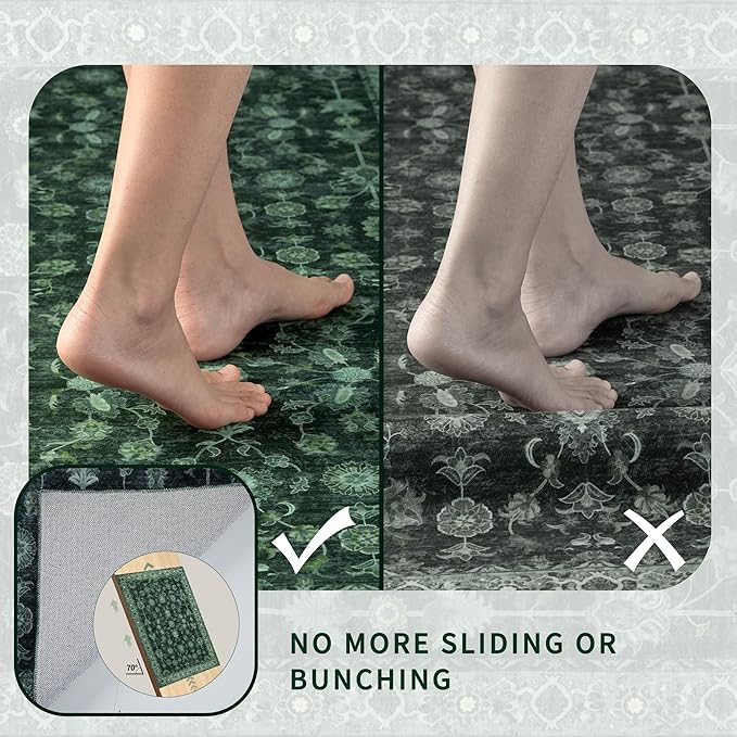 Tangsoo Washable Area Rug 3x5 Non Slip, Boho Distressed Vintage Green Floral Throw Rug for Bedroom Entryway, Soft Low Pile Floor Carpet Indoor Mat for Entrance Bedside Kitchen Nursery Office Farmhouse