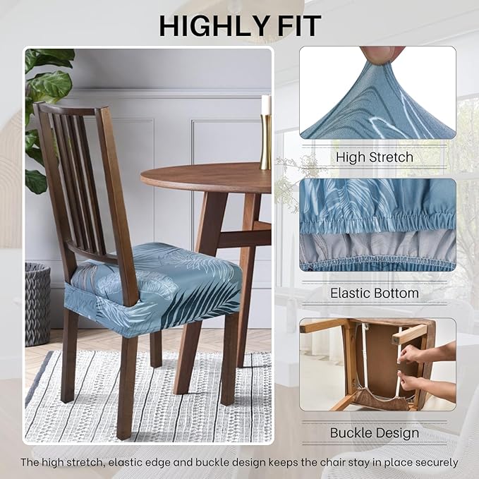 SearchI Stretch Dining Chair Seat Covers Set of 6, Soft Removable Washable Seat Covers for Dining Chairs, Dining Room Seat Cover Slipcover Protector (Rear-Covered, Blue Foliage)