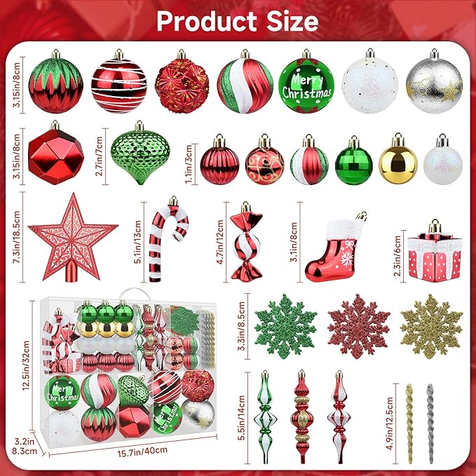 AWSL Christmas Tree Ornaments - 113PCS Set, Red Green White Gold Silver, Shatterproof, Hanging Xmas Tree Decorations