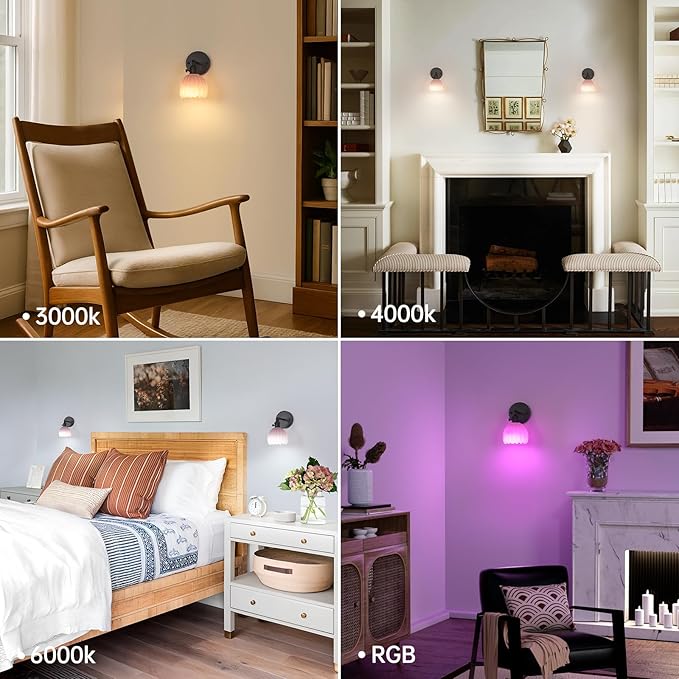 Vintage 5000 mAh Battery Operated Wall Sconce with Pink Tulip Glass Lampshade Rechargeable Battery Powered Wall Light with Remote Control for Bedroom Doorway, Set of 2