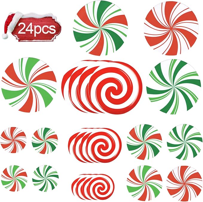 24PCS Peppermint Floor Decals Stickers- Self-Adhesive Design Christmas Candy Stickers,Floor Window Clings for Christmas Valentine's Day Candy Party Decorations (Red and Green)