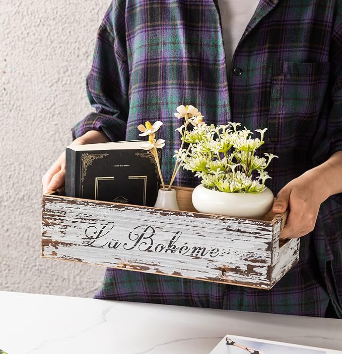 TIMRIS Farmhouse Distressed Wooden Storage Box, Rustic Bathroom Decor Box, Decorative Toilet Tank Basket Nice Butt, Vintage Countertop Organizer Box with Handles (Distressed White)