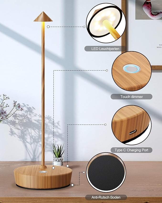 Cordless Table Lamps Rechargeable, 6000mAh Battery Operated LED Desk Lamp Outdoor Waterproof Portable Touch Dimmable Table Light for Patio Restaurant Dining Home Set of 2 Wooden