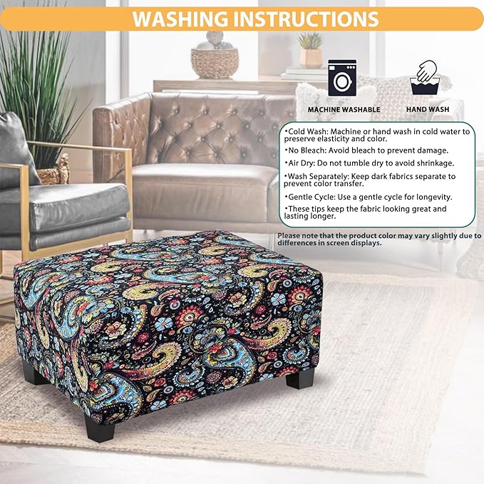 Ottoman Cover Rectangle Printed,Stretch Slipcover for Rectangular Footstool,Soft Fabric with Non-Slip Elastic Bottom,Furniture Protector for Living Room or Bedroom,X-Large,Flower F