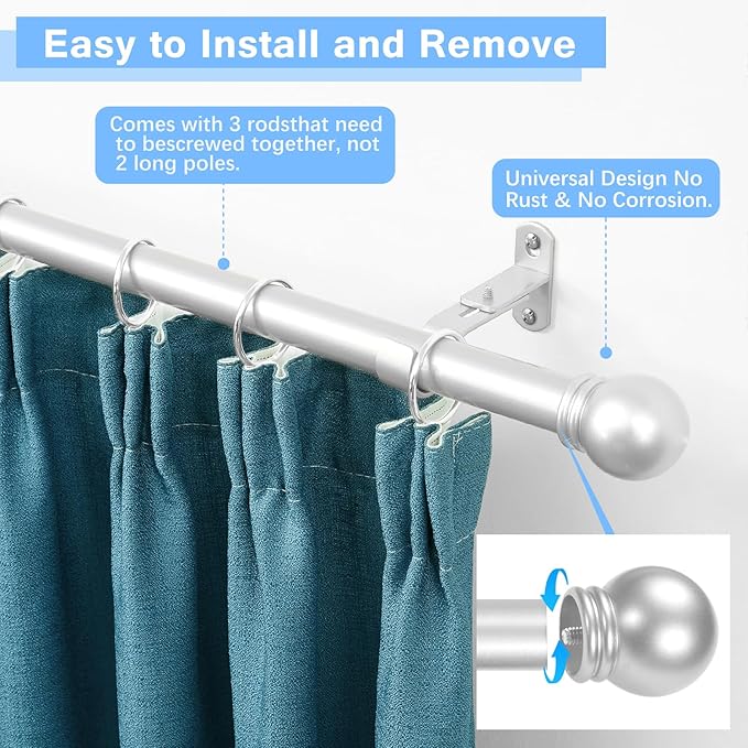 Curtain Rods for Windows 16 to 48 Inches, Curtain Rod Max Adjustable Length of 60 IN, 1" Diameter Drapery Rods Round Finials, Satin Silver, Pack of 1