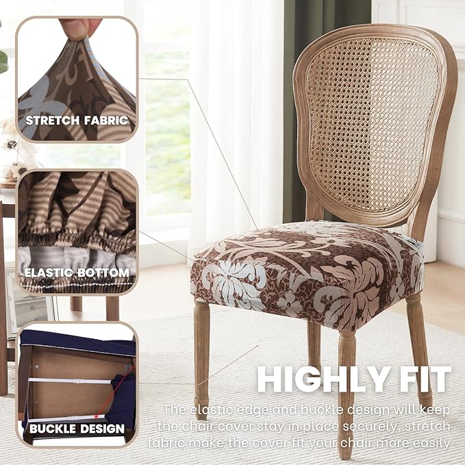 SearchI Stretch Dining Chair Seat Covers Set of 4, Soft Removable Washable Seat Cover for Dining Chairs, Dining Room Chair Cover Protector (Rear-Covered, Brown)
