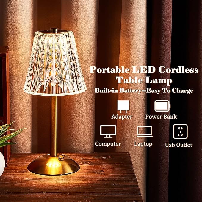 Liliful 2 Pcs LED Portable Cordless Table Lamp Touch Battery Operated Rechargeable Gold Desk Lamp 3 Color Dimmable for Bedroom Living Room Dining (Gold,Classic Style)