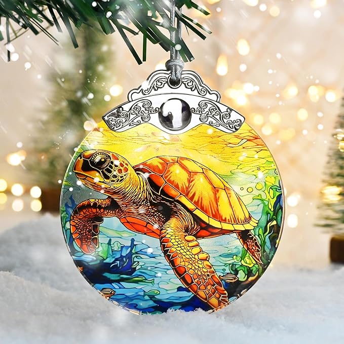 Stained Glass Christmas Ornament, Jocidea Sea Turtle Christmas Decorations, Christmas Tree Ornament, Sea Turtle Lovers Gifts, Holiday Decor and Xmas Gifts Ideas