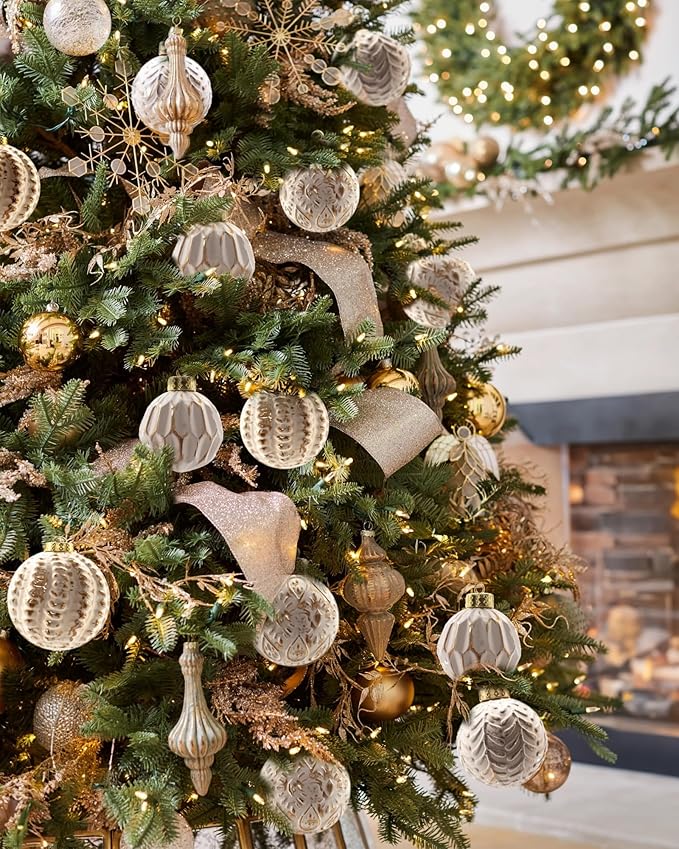 White and Gold Rustic Christmas Ball Ornaments, 3.15 inches Vintage Christmas Tree Decorations, 12 PCS Large Shatterproof Neutral Farmhouse Luxury Xmas Ornaments for Christmas Tree, Home Decor