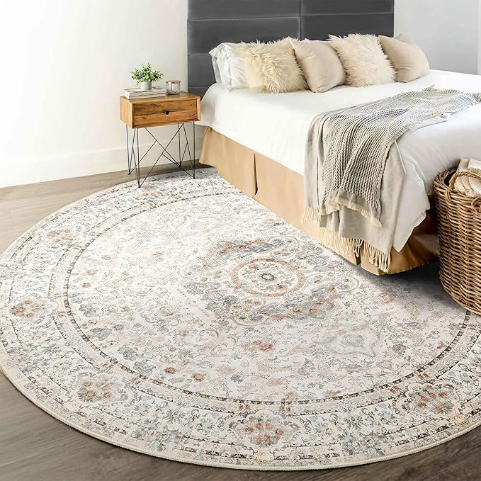 Boho Round Rug 6ft,Washable Circle Area Rugs for Bedroom Living Room,Beige Vintage Bohemian Distressed Oriental Floral Carpet Non Slip