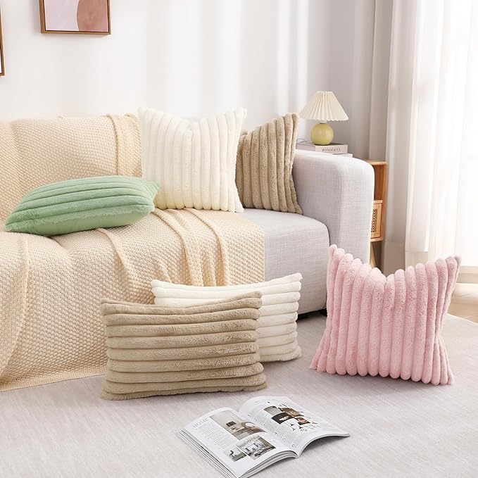 decorUhome Faux Fur Christmas Throw Pillow Covers 12x20 Set of 2, Decorative Soft Plush Striped Neutral Couch Euro Pillow Covers with Velvet Back for Sofa, Bed, Living Room Home Decor, Khaki Brown
