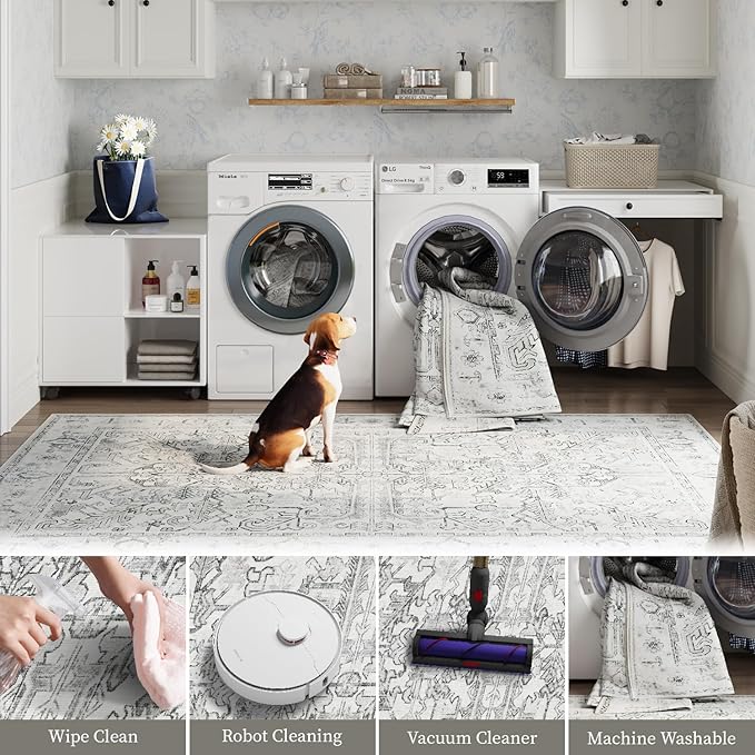 jinchan Lima Runner Rug 2x5 Washable Hallway Runner - Vintage Floral Non Slip Low-Pile Soft Ultra-Thin Kitchen Rug Distressed Carpet for Farmhouse Bedroom Entryway Laundry Room (2x5ft, Grey)