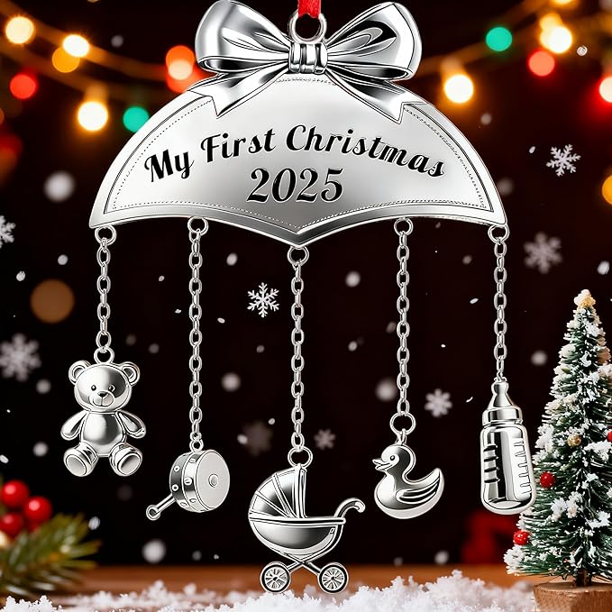 Baby's First Christmas Ornament 2025 My 1st Christmas Mobile Ornament for Girls Boys Newborn Gifts Decor New Baby Keepsake with Hanging Bear Duck Carriage Rattle Pacifier Bottle