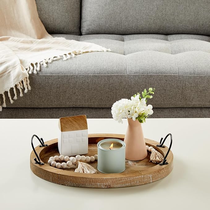 Farmlyn Creek Serving Tray for Coffee Table Decor - 15.8" x 10.8" x 1.3", Oval, Wood Color, Rustic - Decorative Wooden Tray with Handles - Farmhouse Table Decor
