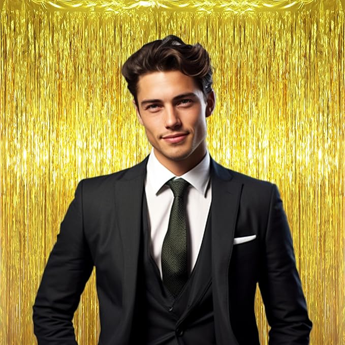 3.3 x 6.6 ft Foil Fringe Backdrop Curtains, Tinsel Streamers Party Decorations, Fringe Backdrop for Birthday, Baby Shower, Gender Reveal, Graduation (3, Gold)
