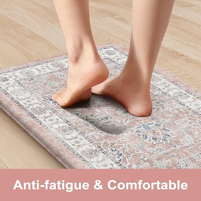 KIMODE Anti Fatigue Mats for Kitchen Floor, Boho Floral Kitchen Rugs Sets of 2, Cushioned Kitchen Floor Mats, Comfort Standing Desk Mat for Sink, Laundry, Desk Pink Multi 17"x29.5"+17" x47”