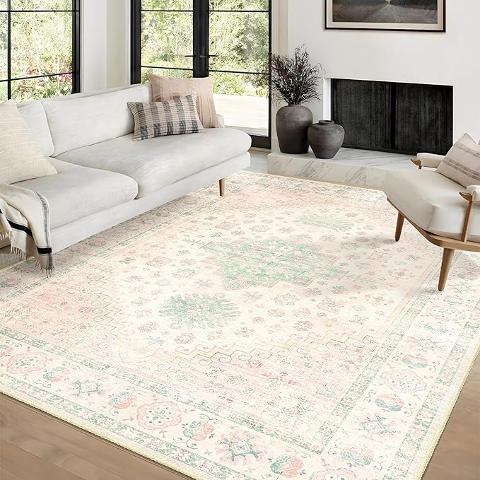MUJOO 6x9 Area Rugs Washable,Boho Rugs for Living Room Bedroom Dining Room,Large Non Slip Throw Carpet Indoor,Low Pile Light Pink and Green