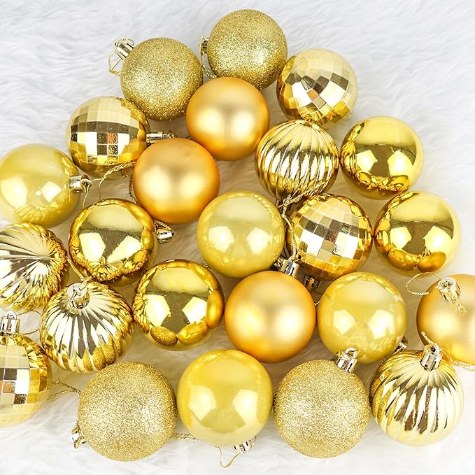 24ct Christmas Balls Ornaments, 2.36 Inch Christmas Tree Balls Ornaments, Decorative Baubles Decorations for Xmas Tree Decor Holiday Party, Gold