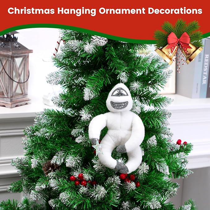 Christmas Tree Topper Abominable Snow Monster Ornament, Poseable Handmade Abominable Chimpanzees Hugger with Star, Can be Hung Snowman Tree Topper Xmas Decorations (White)
