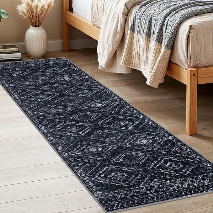 KILOCOCO Boho Kitchen Runner Rug 2x6 Washable Runner Rug, Soft Runners for Hallways Non Slip Printed Distressed Laundry Room Rug, Low-Pile Rug for Entryway/Bedroom/Living Room, Black/Navy