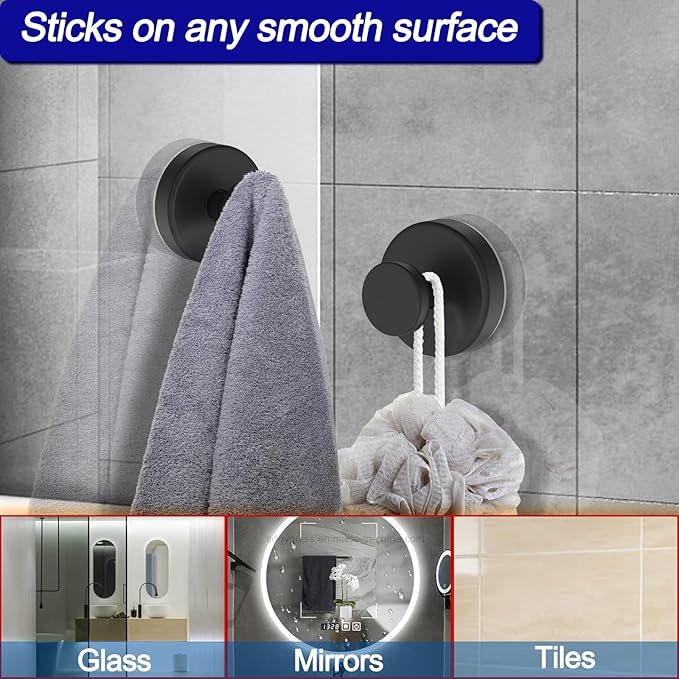 Suction Cup Hooks for Door Wreaths, Vacuum Suction Wreath Hanger for Front Door Window Glass, Bath Robe Looafh Shower Hooks for Inside Shower - 4 Pack, Black