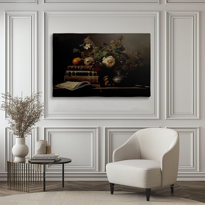 Moody Library Painting,Books Flowers Still Life,Dark Academia Prints,Gothic Books Painting,Moody Wall Art, Dark Cottagecore, Antique Oil Painting,Vintage Cottage core Aesthetic Decor16x24inch Framed