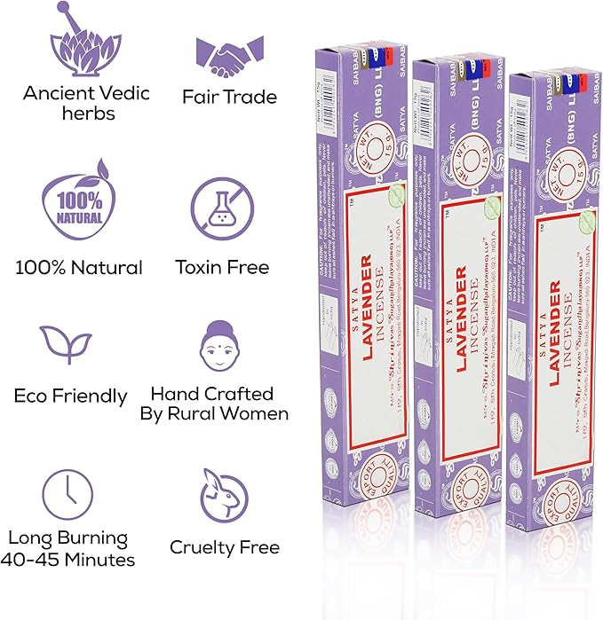 Satya Lavender Incense Sticks, Satya Bng (Bangalore) Insenses 15gmx3 Pack (45 GMS) with Raajsee Incense Holder Bundle, Satya Nagchampa Natural Incense