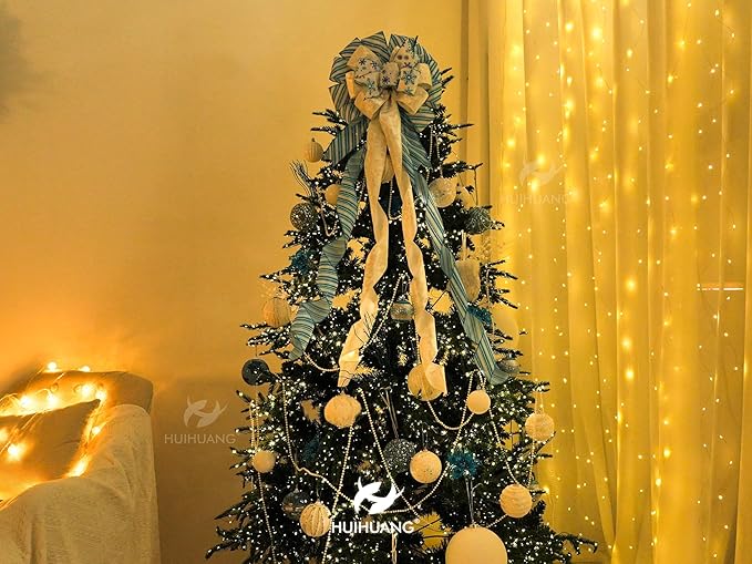 HUIHUANG Blue and White Christmas Tree Topper Bow 13 inch x 45 inch Large Christmas Bows Snowflake Velvet Bows for Christmas Tree Ornament, Wreaths, Staircase, Mantel, Home Decor