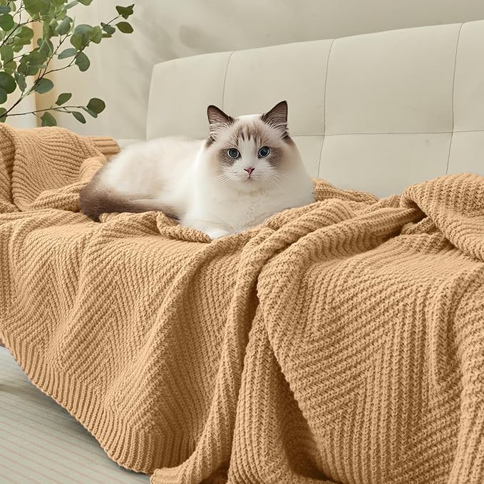 Knitted Throw Blanket 60"X80", Tan Brown Knit Throws for Bed, Super Soft Boho Chevron Blankets for Couch Sofa Chair Room Decor, Textured Decorative Farmhouse Cozy Lightweight