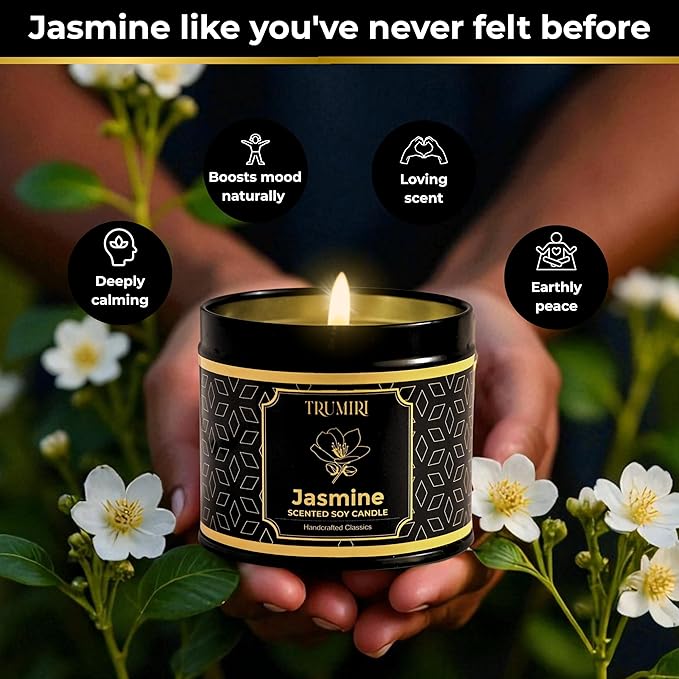 Jasmine Candle Strong Scented Soy Candel Natural Non Toxic Velas Aromáticas Gift for Women Pack of 1 5Oz Decorartive Travel Tin