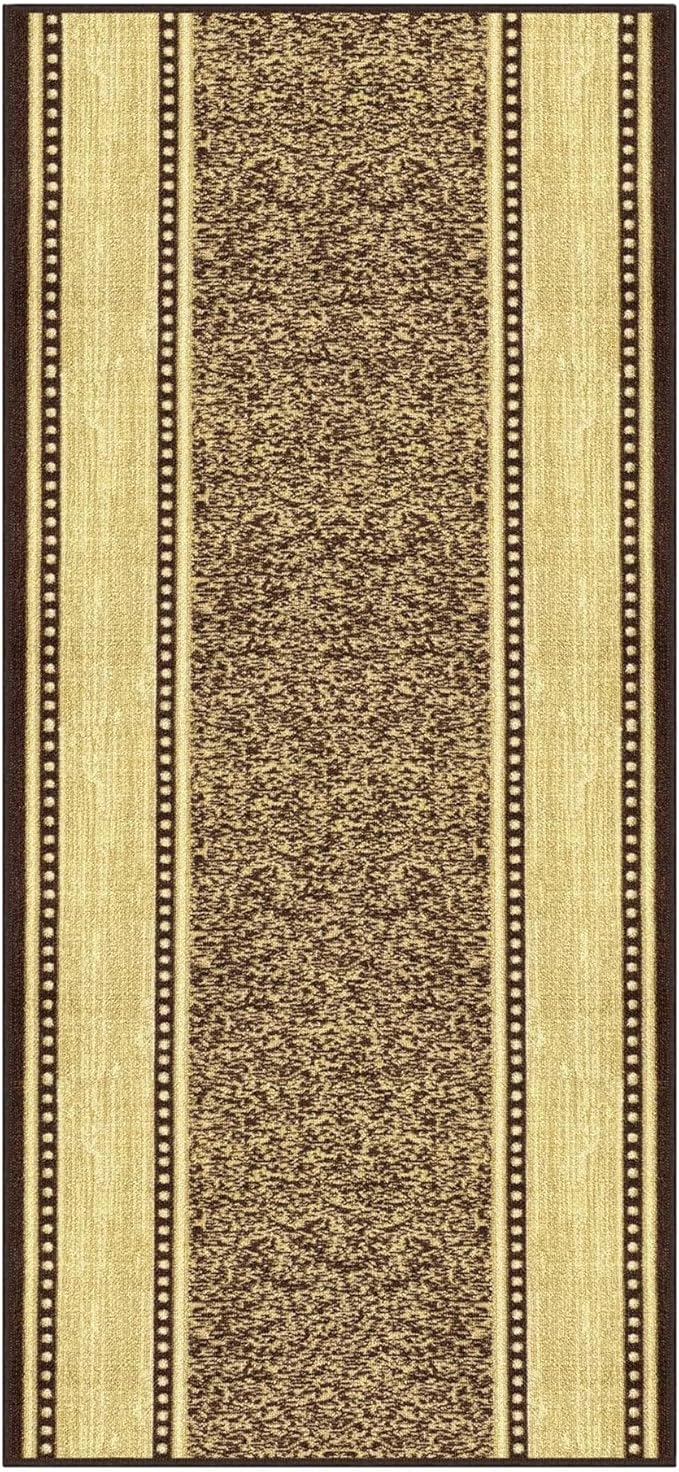 Kapaqua Custom Size Brown Gold Beige Bordered Rubber Backed Non-Slip Hallway Stair Runner Rug Carpet 22 inch Wide Choose Your Length 22in X 25ft