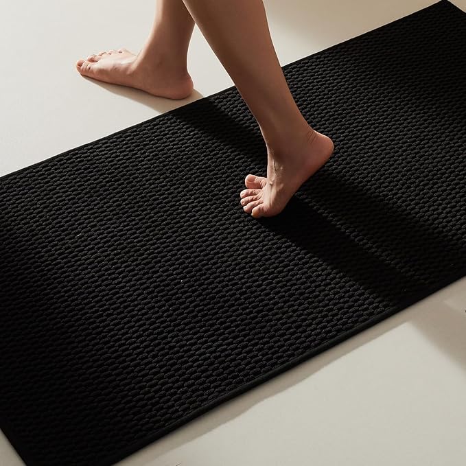 Black Bathroom Rugs Non Slip Washable, Super Absorbent Thin Bath Mat Quick Dry Low Pile Bathroom Rug, Black 20''x48''