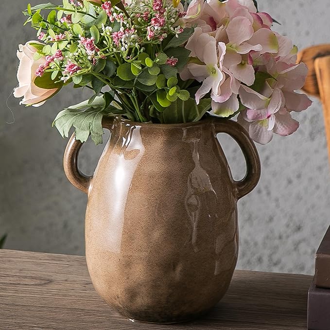 Kimdio Brown Ceramic Vase with 2 Handles, Modern Farmhouse Vases for Home Decor, Vintage Rustic Pottery Vase, Decorative Terracotta Vases, Clay Jug for Living Room Dining Table Shelf