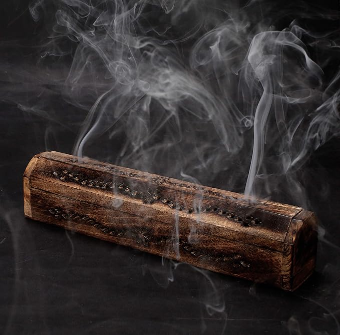 The Wooden Town 12" Hand-Carved Wooden Incense Burner – Gothic Coffin Design, Burnt Finish Ash Catcher for Sticks & Cones – Unique Spiritual & Meditation Gift, Boho Decor