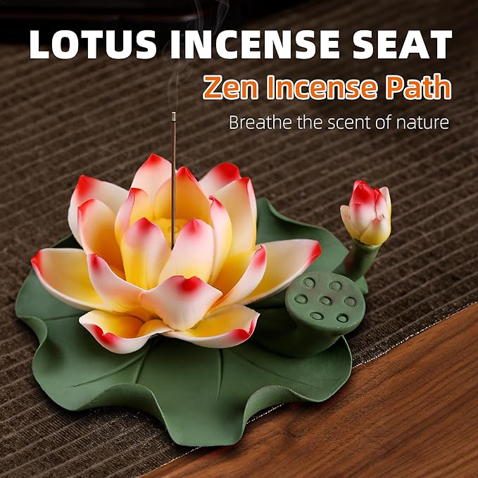 Lotus Incense Burner - Incense Burner Holder for Home Incense Holder Decor Incense Holder for Sticks Yoga, SPA (Z2-Red Yellow)
