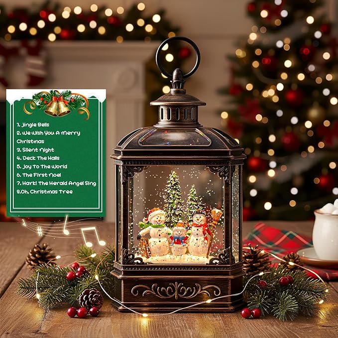 Christmas Snow Globe Lantern Water Glittering Snowman Family with Music & Timer, USB Lined/Battery Operated Lighted Lantern for Christmas Festival Decoration Gifts
