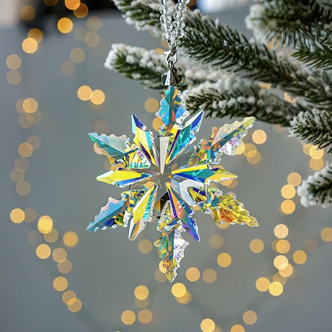 2025 Colorful Christmas Ornaments Crystal Glass Snowflake Star for Christmas Tree Ornaments Hanging Crystal Sun Catcher Pendant Home Decor