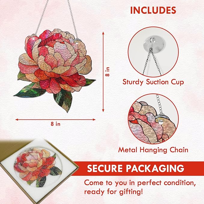 FLAGWIX Christmas Peony Flowers Gifts for Grandma - Stained Glass Window Hanging 10 in - Birthday Gifts for Women Mom, Grandma Gift, Peony Sun Catchers Indoor Window, Suncatchers Christmas Decorations