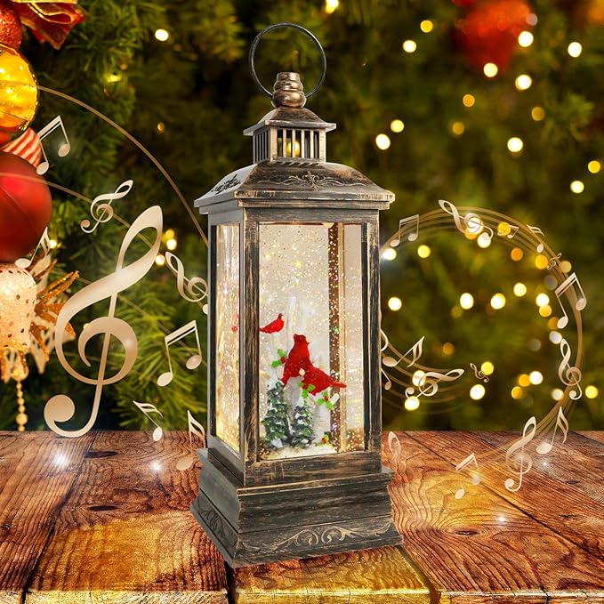 Christmas Cardinal Snow Globe 12.5In High, Musical Cardinal Lantern with 6 Hour Timer and Batteries Powered Retro Style Holiday Glitter Globe for Xmas Indoor Decoration and Santa Gifts