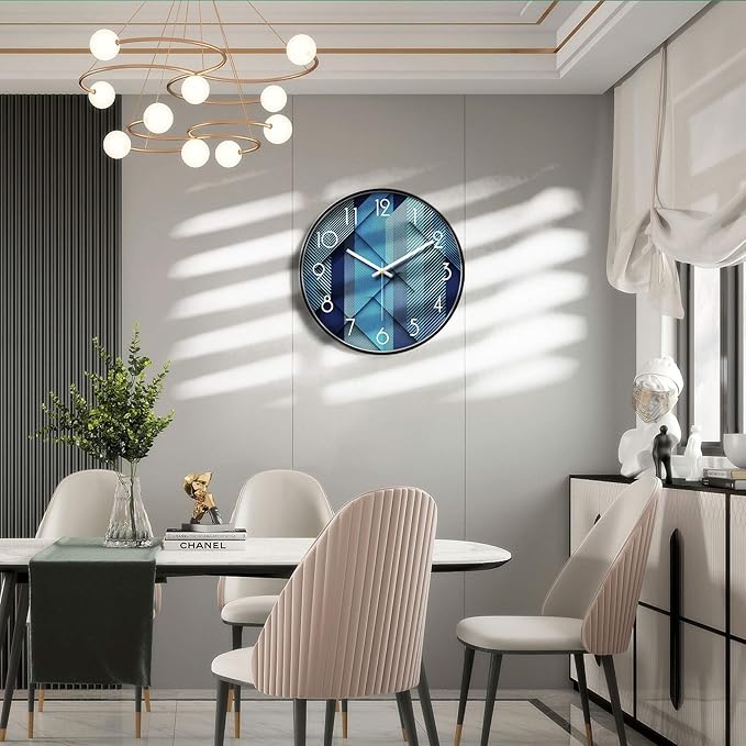 Modern Wall Clocks Battery Operated Blue Wall Analog Silent Clock Large Display Minimalist Round Quiet Non-ticking Cool Unique Wall Clocks for Living Room Bedroom Kitchen Office Bathroom Decor 12inch
