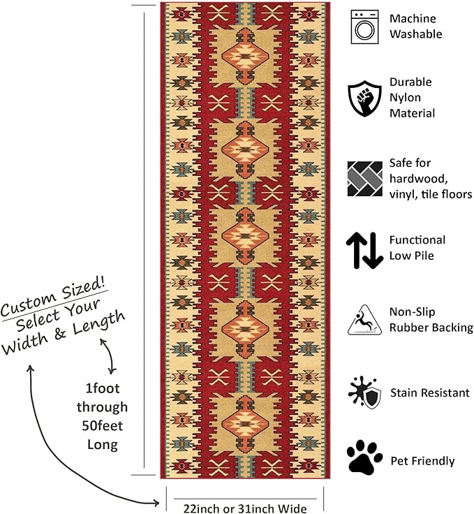 Custom Size Red Bohemian Kilim Rubber Backed Non-Slip Hallway Stair Runner Rug Carpet 22 inch Wide Choose Your Length 22in X 20ft