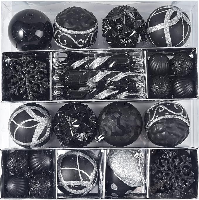 Fuovt 62pcs Black & Silver Christmas Balls Ornaments Set - 3.15" Big Christmas Balls - Shatterproof Plastic Decorative Baubles for Xmas Tree Decor Holiday, Wedding, Party Decoration (Black & Silver)