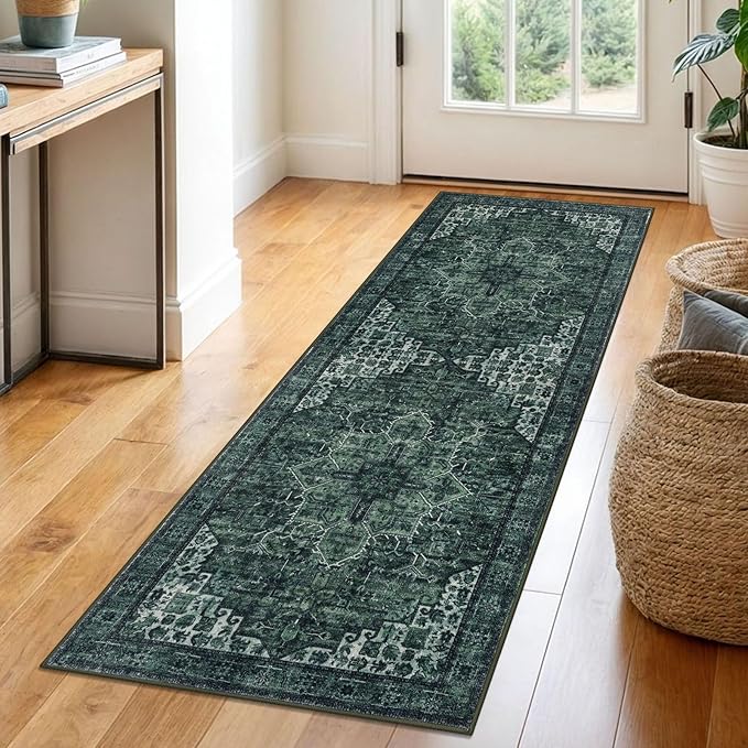 2x6 Vintage Runner for Hallways, Deep Green Non-Slip Printed Washable Kitchen Runner, Boho Rug with Non-Shedding, Medallion Floor Carpet for Laundry Bedroom Entryway