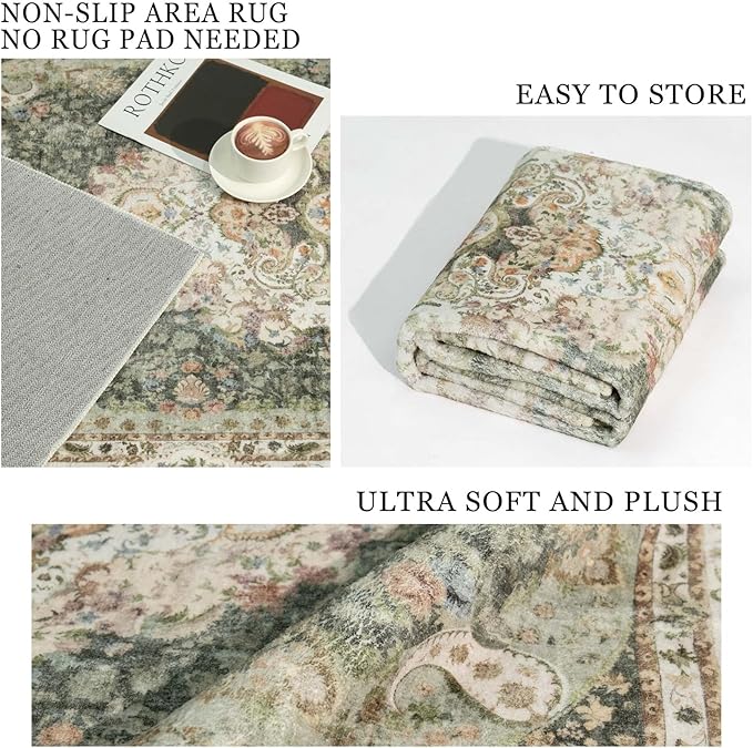 Green Round Rug 5ft, Circle Boho Area Rugs for Bedroom Living Room,Washable Vintage Bohemian Distressed Oriental Carpet Non Slip,Sage Floral